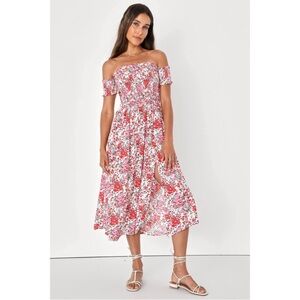 Luluβs Off-Shoulder Pink Floral Midi Dress